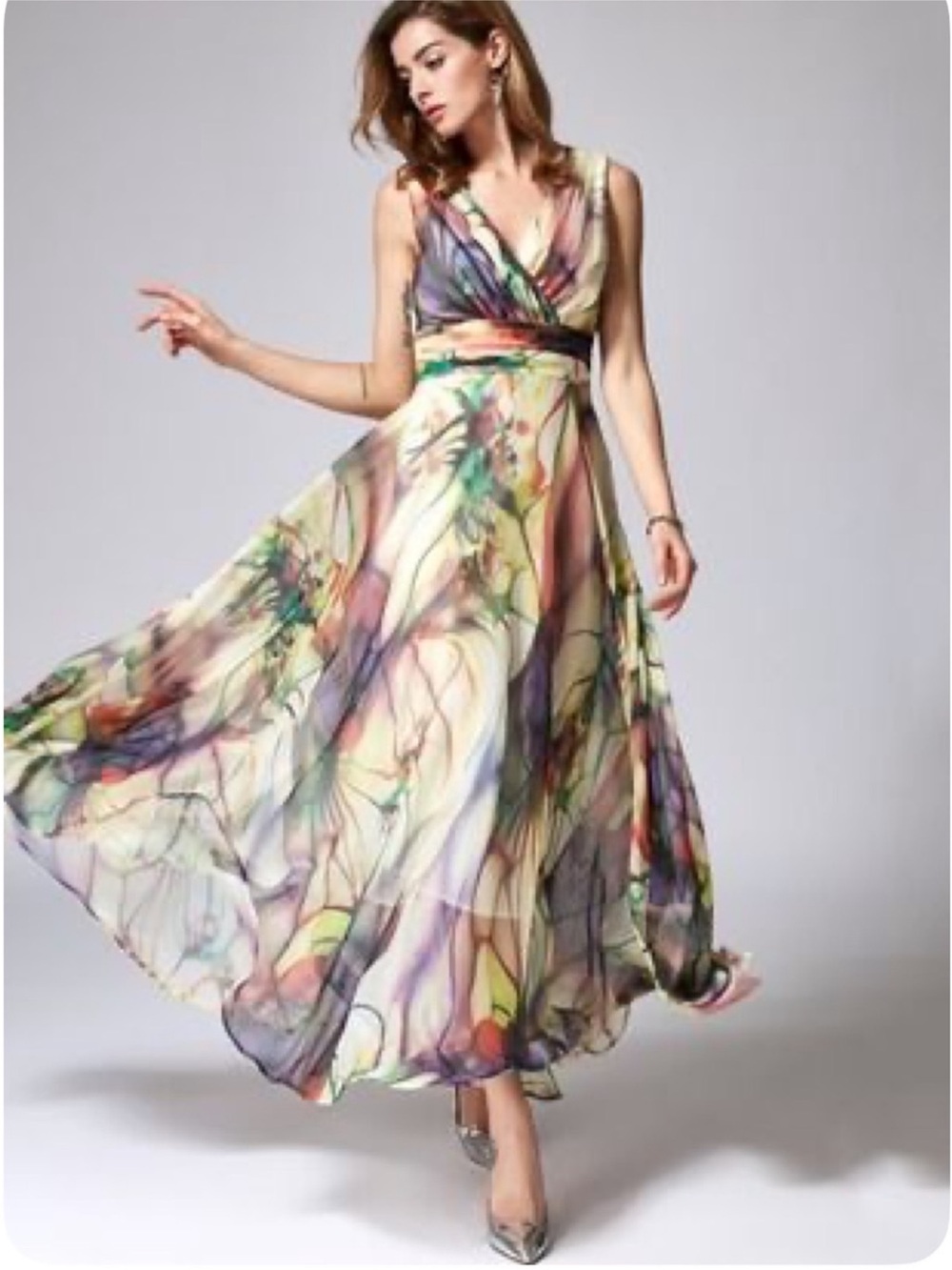 Floryday Multicolor Floral Print V-Neck Maxi Dress size XL